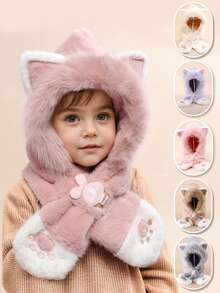 1 件装儿童可爱猫耳朵保暖冬季毛绒护耳脖帽带猫爪刺绣，一体式帽子围巾套装