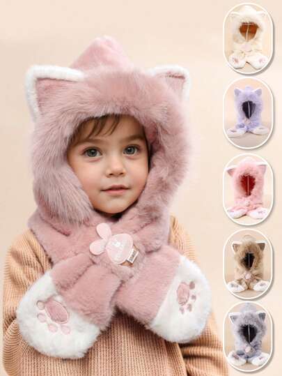 1 pieza Sombrero de invierno con orejeras y protección para el cuello, en diseño lindo de gato con bordado de garra de gato, set integrado de sombrero y bufanda para niños