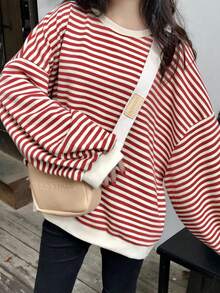 Primavera/otoño: cómodo jersey de manga larga con cuello redondo y hombros descubiertos para mujer, con rayas en contraste, muy a la moda - Rojo - Ver 3