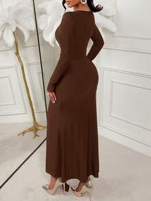 Amarilo Women's Autumn/Winter Fashionable And Sensual Party Dress Deep V-Neck, Long Sleeves With Overlay Details Fitted Waist With Side Slit Fishtail Hem Solid Colour Shiny Fabric Long Dress