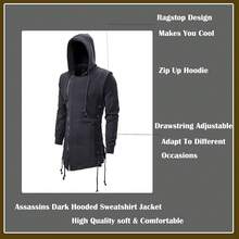 Sudadera con capucha de asesino para hombres, estilo gótico con cremallera asimétrica y cordones laterales, chaqueta con capucha de felpa para Halloween - Negro - Ver 2