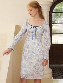 Simple Retro Women's Elegant Vintage Long Sleeve Square Neck Mid-Length Dress, Decorated With Knotted Details And Ruffle Hem - Blue - View 3