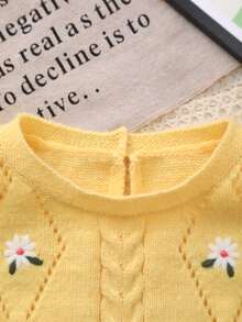 Baby Girl Sleeveless Floral Embroidered Hollow-Out Knit Cardigan Vest - Light Yellow - View 2