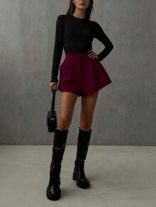 女士休闲纯色优雅通勤宽松A字口袋短裤，适合日常外出、轻社交聚会、度假旅行和居家休闲 - 酒紅色 - 查看 2