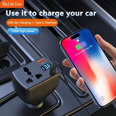 1 pieza Transformador de alta potencia de 150W, general de 12V/24V, inversor de energía automotriz, equipado con 2 puertos USB, carga rápida, pantalla de voltaje digital, carga rápida inteligente - Enchufe automotriz, adecuado para automóviles, camiones, SUV