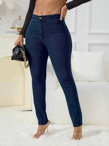 女士修身休闲通勤牛仔裤（春季款） - 深色水洗藍 - 查看 3