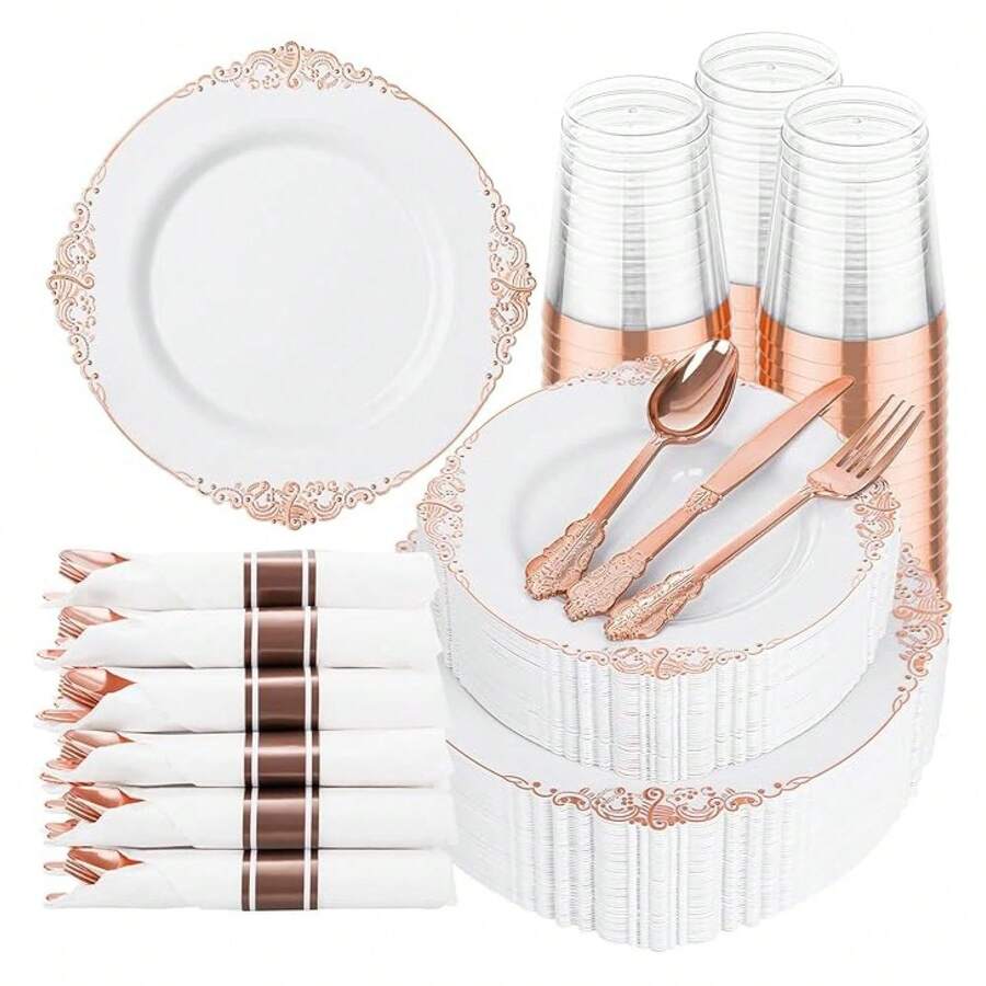 Rose Plastic Plates Disposable Set - 350pcs Party Supplies For 50 Guests - As Picture/H - View 1