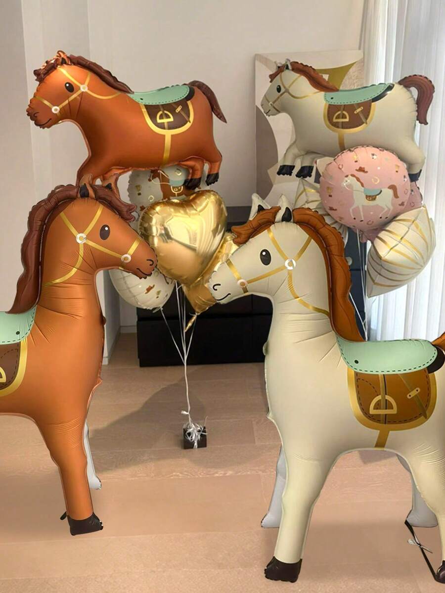 1/2/5pcs Giant Standing Cartoon Aristocratic Horse Aluminum Foil Balloons, Cute Aristocratic Horse Helium Balloons 18 Inch Round Balloon, Heart & Star Shaped Aluminum Foil Balloons, Suitable For Wedding, Engagement, Horse Racing Theme Party, Birthday Party Decoration