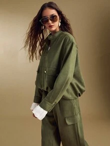 Sollinarry Women's Spring New Faux Suede Fashion Olive Green Stand Collar Zip Jacket And Matching Wide Leg Pants 2 Pieces Set - Army Green - View 7