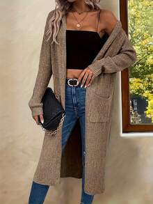 2025 New Autumn Double Pocket Slit Hem Hooded Knit Cardigan Long Sleeve Sweater For Women, Versatile Casual Top - Brown - View 4