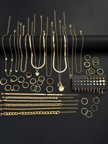 (Sin caja) Conjunto de joyas para mujer de 83/10/6 piezas que incluye: Collar con colgante en forma de corazón sencillo y de moda, Conjunto de aretes con perlas falsas y rhinestones, Conjunto de anillos apilables geométricos, Conjunto de pulseras de cadena metálica geométrica. Regalo de joyería para mujer para fiestas, bodas y ocasiones especiales. - Amarillo Oro - Ver 2
