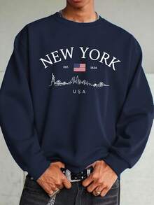 Men's Casual Street Versatile New York English Element Print Crew Neck Pullover Sweatshirt