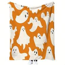 Cozy Halloween Flannel Blanket - Soft & Luxurious, Orange With Playful White Ghosts - Bedroom, Living Room, Or Outdoor Halloween Parties - All-Season Comfort 280gsm Room Decor Home Essentials Decor Bedroom