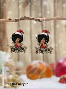 1 Pair Elegant & Sexy African American Women Christmas Pendant Earrings, Acrylic Painting Design, Stainless Steel Earring Hooks, Lightweight & Fashionable, Suitable For Daily Wear And Party Celebrations, Can Be Used As Holiday Gifts, Halloween And Christmas Gifts.