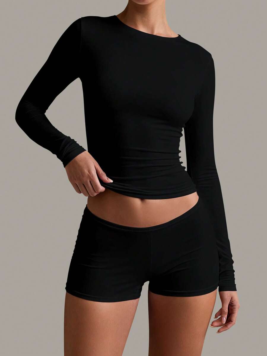 XLLAIS 秋冬春季弹力打底修身女式休闲俱乐部长袖T恤 - 黑色 - 查看 1