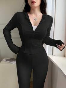 abyoxi Chaqueta deportiva con capucha, cremallera y ajuste ceñido de manga larga para mujer, de estilo simple y de moda, para uso casual al aire salidas diarias, abrigo de otoño e invierno - Negro - Ver 4