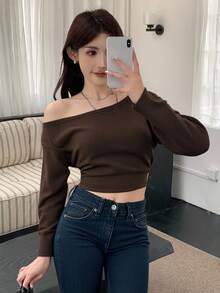 DAZY 1 Peça Camiseta Cropped Justa de Ombros à Mostra de Cor Sólida para Mulheres, Marrom, Manga Longa para Primavera/Verão/Outono, Blusas Femininas - Castanho - Visão 6