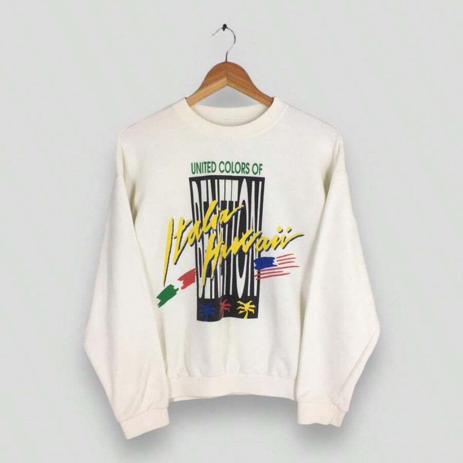 Vintage Sweaters Medium UCB Italia Hawaii Flag Printed Pullover UCB Benetton Bluza Z Okrągłym Dekoltem Rozmiar M - trắng - Xem 1