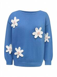 2025秋冬新款休闲时尚复古3D立体花朵针织套头衫女式秋冬休闲长袖上衣女式冬季毛衣新年女式万圣节圣诞节 - 藍色 - 查看 2