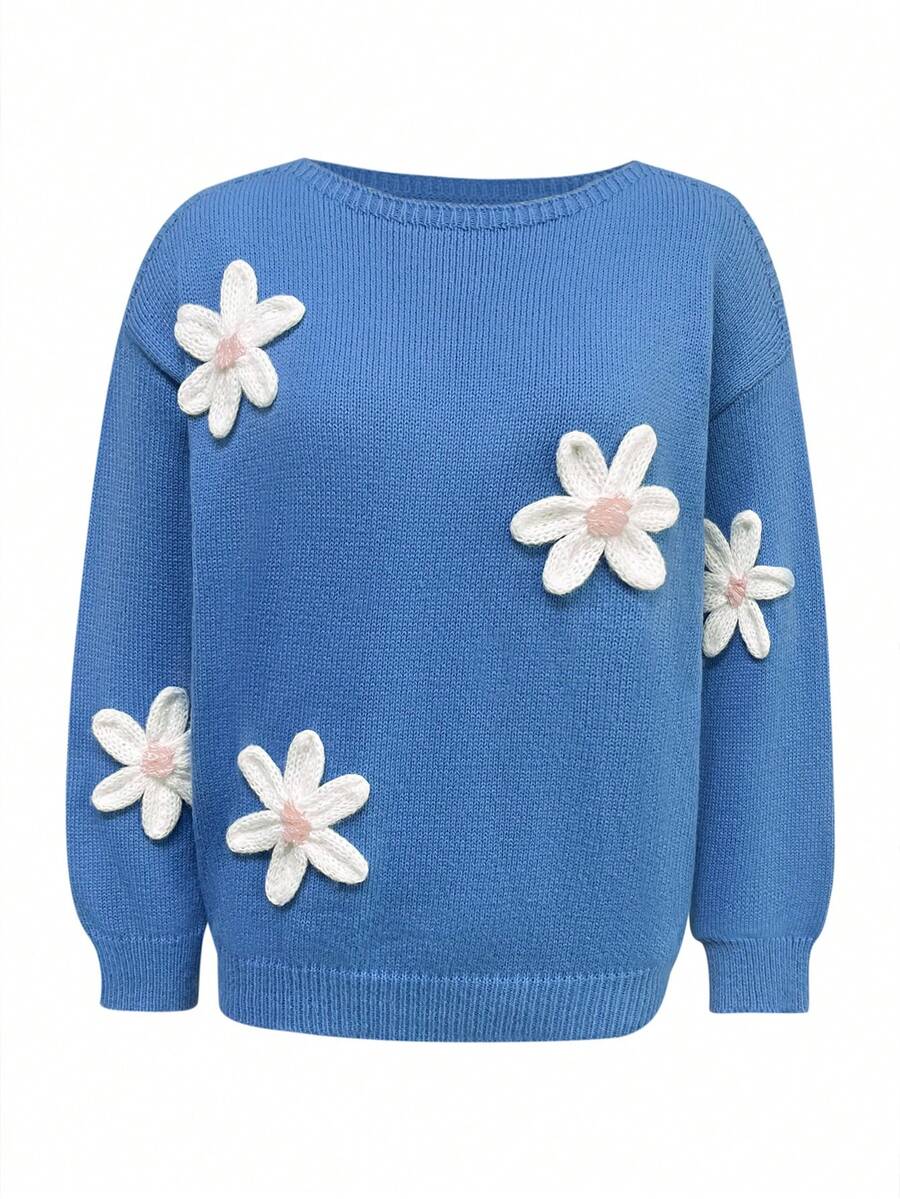 2025秋冬新款休闲时尚复古3D立体花朵针织套头衫女式秋冬休闲长袖上衣女式冬季毛衣新年女式万圣节圣诞节
