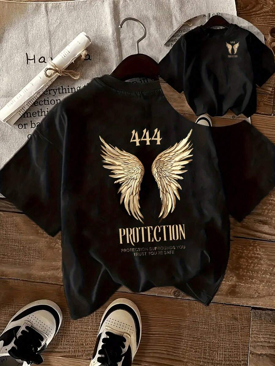 Camiseta de mujer de manga corta con cuello redondo, holgada y estampada a doble cara con estampado de alas doradas "444 PROTECTION", cómoda y agradable para la piel, tela 100% algodón, adecuada para el hogar, viajes, negocios, escuela, desplazamientos, fiestas y otras ocasiones, adecuada para todas las estaciones. - Negro - Ver 1