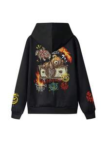 男士休闲街头风金钱与熊元素印花连帽卫衣，秋冬款，长袖上衣 - 黑色 - 查看 2