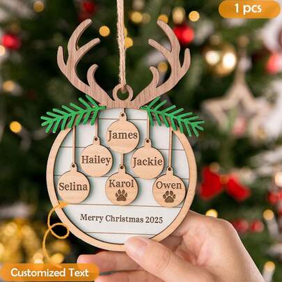 1 Personalized Christmas Ornament (With Name), Christmas 2025, Custom Wooden Christmas Tree Ornaments, Christmas Decorations, Christmas Gifts, Ornaments For A Family Of 3, 4, 5, 6 People, Christmas Decorations, Christmas