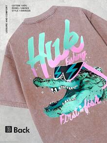 2026 "Huk Fishing First Fish" Men's Vintage-Style Printed T-Shirt, Featuring A Fun Crocodile Pattern Print, Casual Round Neck, Short Sleeves, 230g Washed Cotton, Summer Outdoor Apparel, An Ideal Gift For Fishing Enthusiasts - 灰色的 - 查看 11