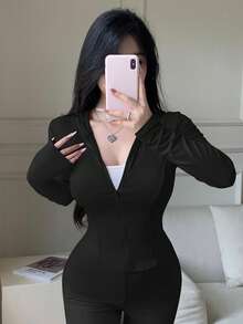 abyoxi Chaqueta deportiva con capucha, cremallera y ajuste ceñido de manga larga para mujer, de estilo simple y de moda, para uso casual al aire salidas diarias, abrigo de otoño e invierno - Negro - Ver 5