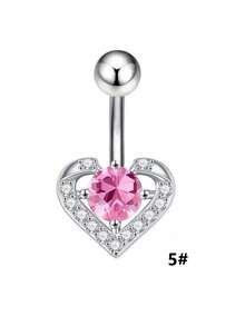 1件亲肤钛钢肚脐环，镶嵌水钻花朵和蝴蝶锆石肚脐穿刺饰品，粉色心形锆石肚脐环 - 愛心臍釘 - 查看 7