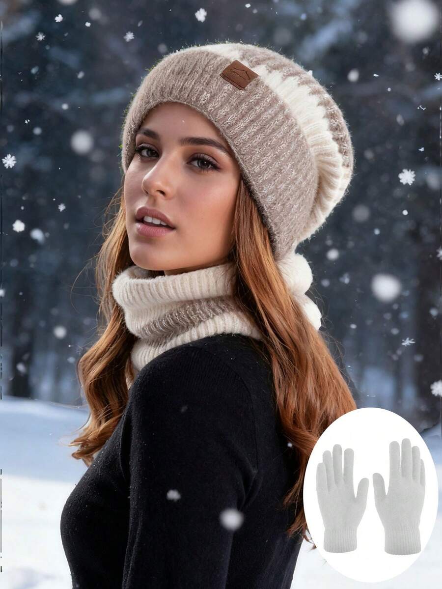 1/2/3pcs Unisex Warm Knit Hat & Scarf Set, Thermal Lined Beanie Hat, Suitable For Daily Wear, Cycling, Windproof, Cold Weather, Ice Skating, Skiing Valentines Gift - Multicolor - View 1