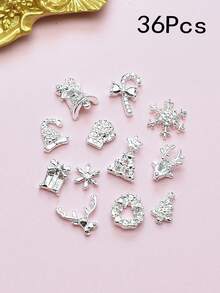 36 Weihnachts-Nageldekorationen Legierung Ornamente gemischt 3D Glocken, Schneeflocken, Weihnachtsbäume, Elch-Kränze, Geschenkboxen, Gold- und Silber-Weihnachts-Nagelzubehör, Französische Maniküre Zubehör