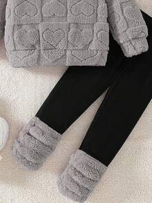 Young Girl Plush Hooded Sweatshirt And Casual Solid Color Leggings Set, Daily Wear For Winter - Light Grey - View 5
