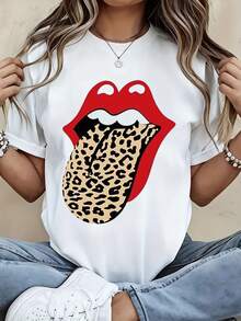 Leopard Print Tongue Lips Graphic T-Shirt For Women - Funny Sexy Rock Style Black And White Crewneck Tee Top Casual Summer Outfit For Thanksgiving, New Year, Christmas And Halloween Gifts - 白色 - 查看 1