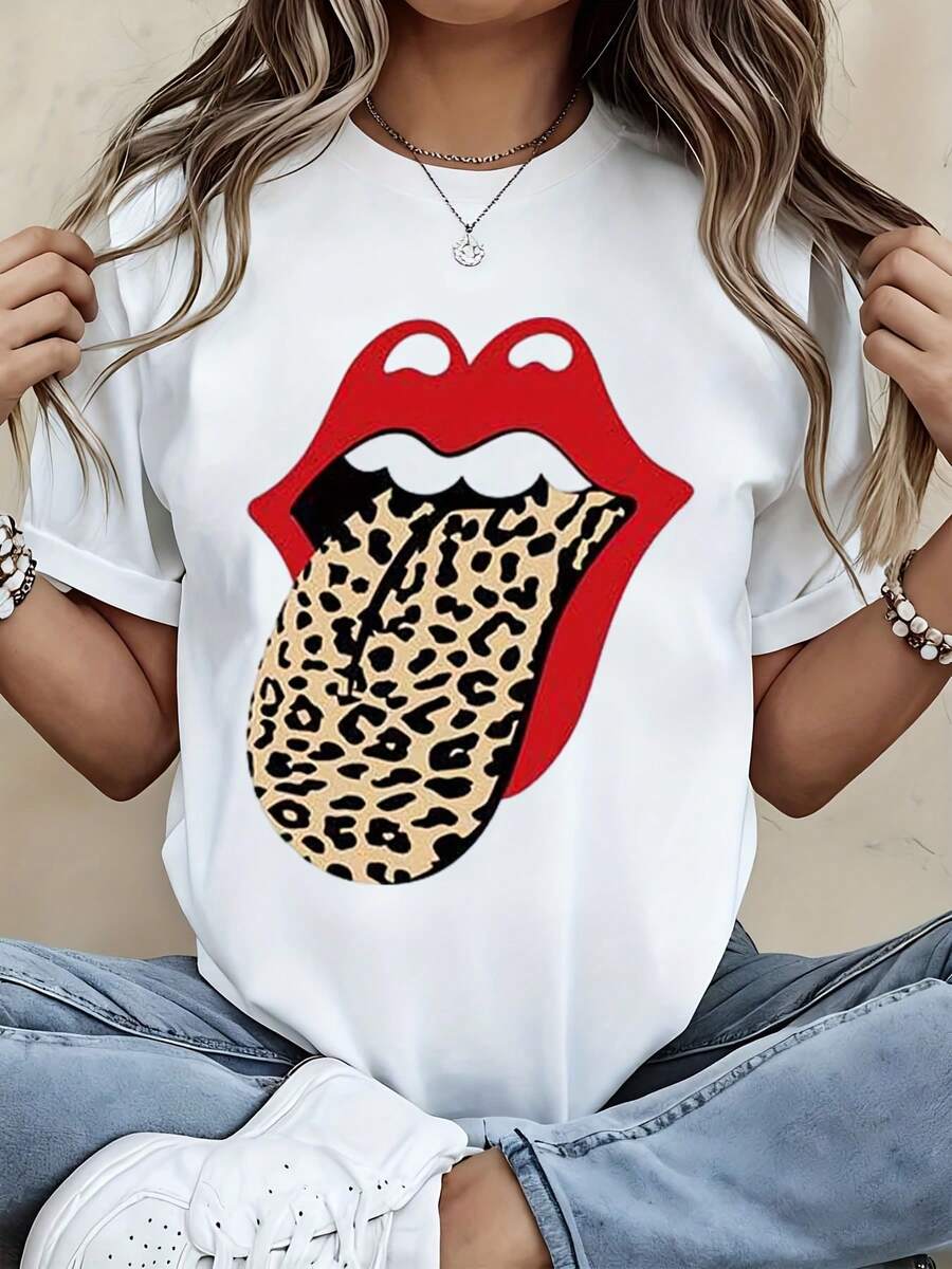 Leopard Print Tongue Lips Graphic T-Shirt For Women - Funny Sexy Rock Style Black And White Crewneck Tee Top Casual Summer Outfit For Thanksgiving, New Year, Christmas And Halloween Gifts - 白色 - 查看 1