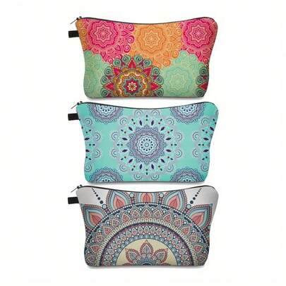 Bolsa de maquillaje con estampado de mandala 3D para mujeres, bolsa de cosméticos linda y de moda, organizador portátil para viajes