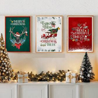 1/6 piezas Juego de lienzos de decoración navideña, arte de pared retro - Arte de pared de Feliz Año Nuevo - Decoración del hogar imprimible de Navidad - Vacaciones - Decoraciones navideñas - Impresión de arte de pared de Santa y árboles de pino nevados Paisaje navideño Decoración de pared de festival acogedor Impresión en lienzo de arte minimalista de invierno y vacaciones de Navidad