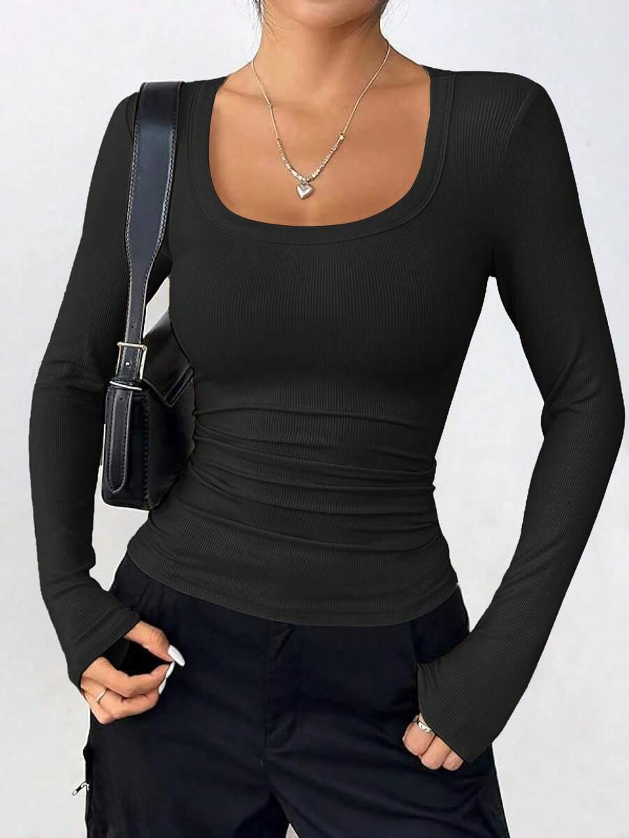 Women Spring And Fall Long Sleeve Shirts Clothes Cute Going Out Tops Ribbed Tight Fitted Plain Basic Tee Tshirts Vacation Outfits For Women - 深黑色 - 查看 1