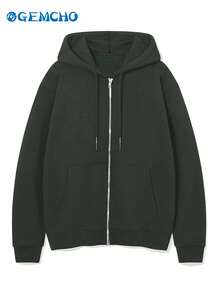 GEMCHO 女士纯色长袖拉链前袋连帽外套，秋冬季 - 深灰色 - 查看 4