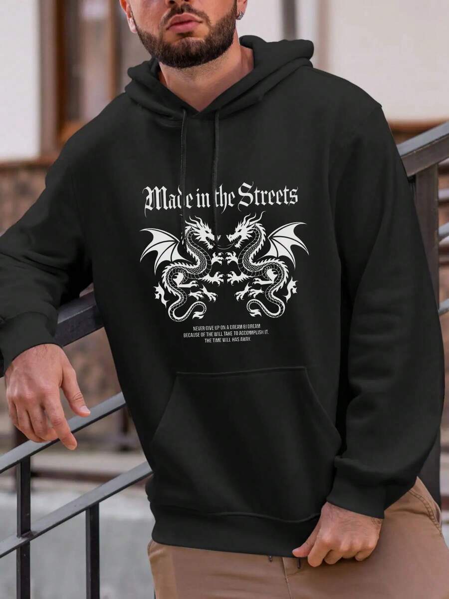 Sudadera con capucha gótica de dragón y eslogan medieval para hombres - Sudadera blanca de estilo urbano con estampado latino 'Made in s', sudadera de invierno de manga larga con diseño de bolsillo, ropa urbana lavable a máquina para hombres (otoño invierno) - Negro - Ver 1