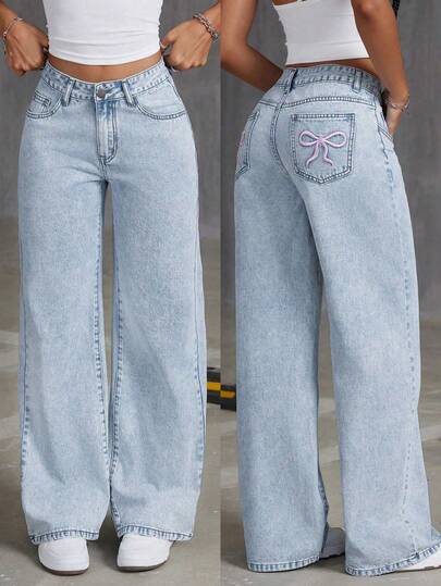 Teen Girls Loose Fit Butterfly Print Denim Wide Leg Pants