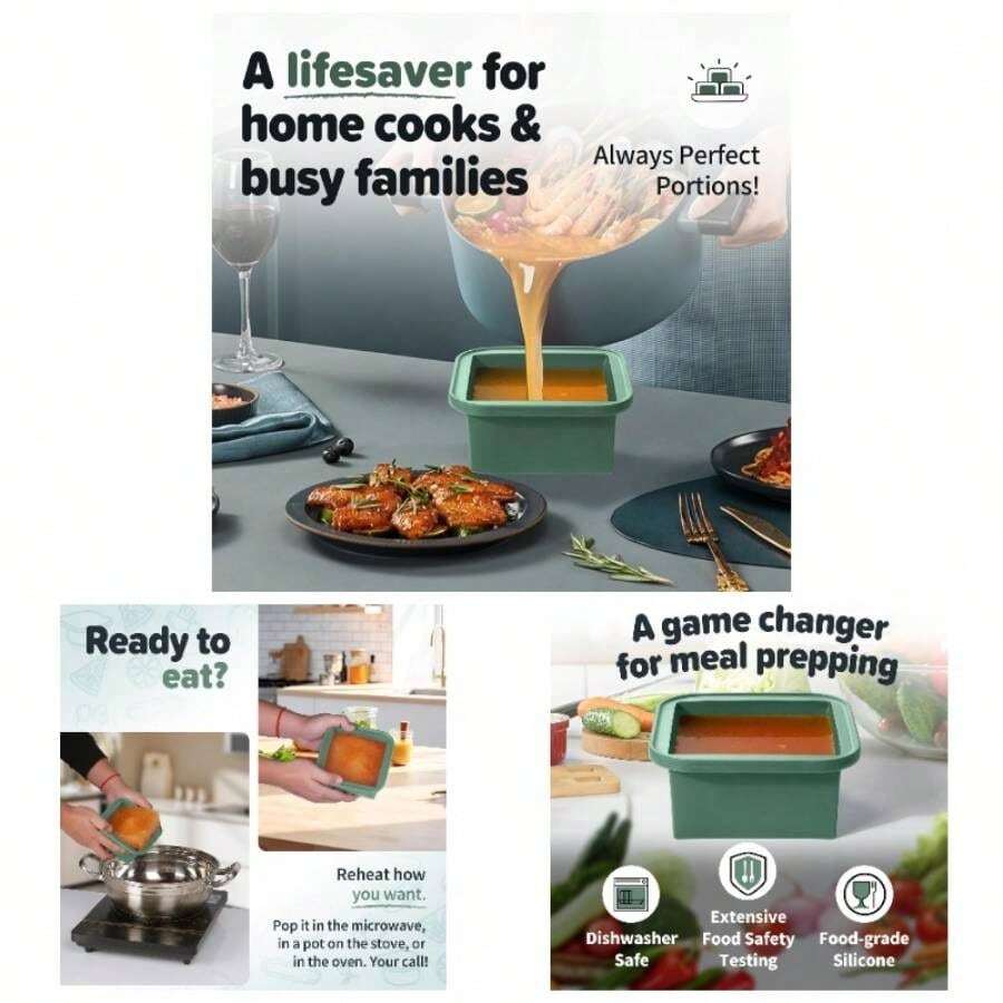 2 - Cup Silicone Freezer Trays With Lids U2013 Meal Prep, And Easy Freezing - Meal Prep Container Molds Soup, Leftovers Green, 2 Pack - Xanh lá cây + 2 gói - Xem 1