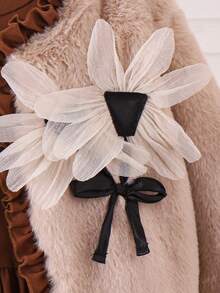 2pcs Young Girl Sweet Floral 3D Plush Long Sleeve Jacket And Solid Waist Dress Set, Autumn/Winter