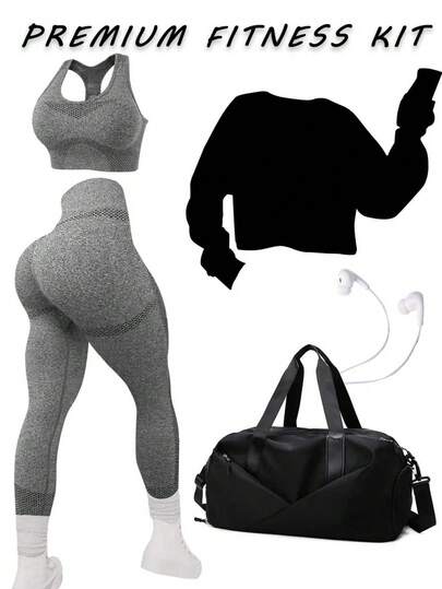 1 Set Women High Support Gather Shock-Absorbing Sports Bra & High Waist Tummy Control Leggings, Solid Color