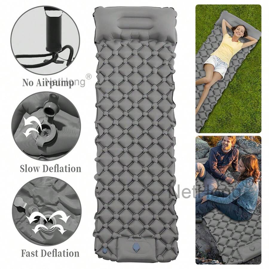 Built-In Pump Camping Air Mattress Thickened Pad Foldable Inflatable Sleeping Pad Portable Tear-Resistant - Grey - View 1
