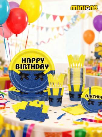  20 piezas Conjunto de fiesta de Minions que incluye vasos, cucharas, tenedores, platos, servilletas, pancartas, adecuado para fiestas, vacaciones, cumpleaños, Navidad, temporada de regreso a la escuela y diversos festivales