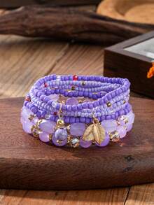 4pcs/Set Multi-Layer Beaded Bracelet Set, Vintage Bohemian Style Leaf Pendant Layered Bracelet Accessories For Women Daily Wear