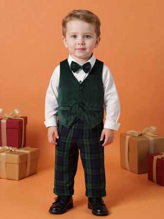 BOARNSEORL 3 件套男婴绅士套装：白色蝴蝶结长袖衬衫、绿色天鹅绒长裤、天鹅绒背心，时尚服装，适合生日派对、晚会、圣诞节