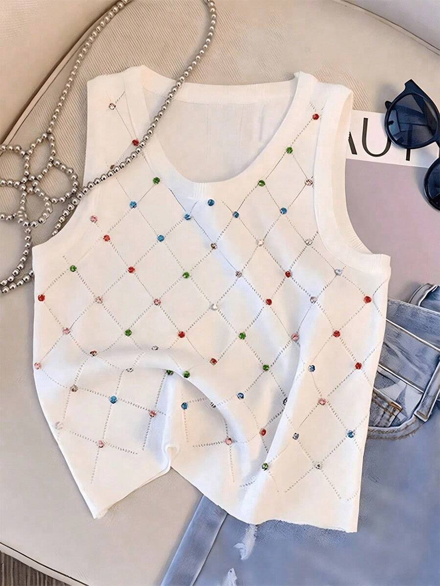 Camiseta sin mangas de punto con diamantes de imitación de colores para mujer, Top corto informal con cuello redondo, ropa de verano - Blanco - Ver 1