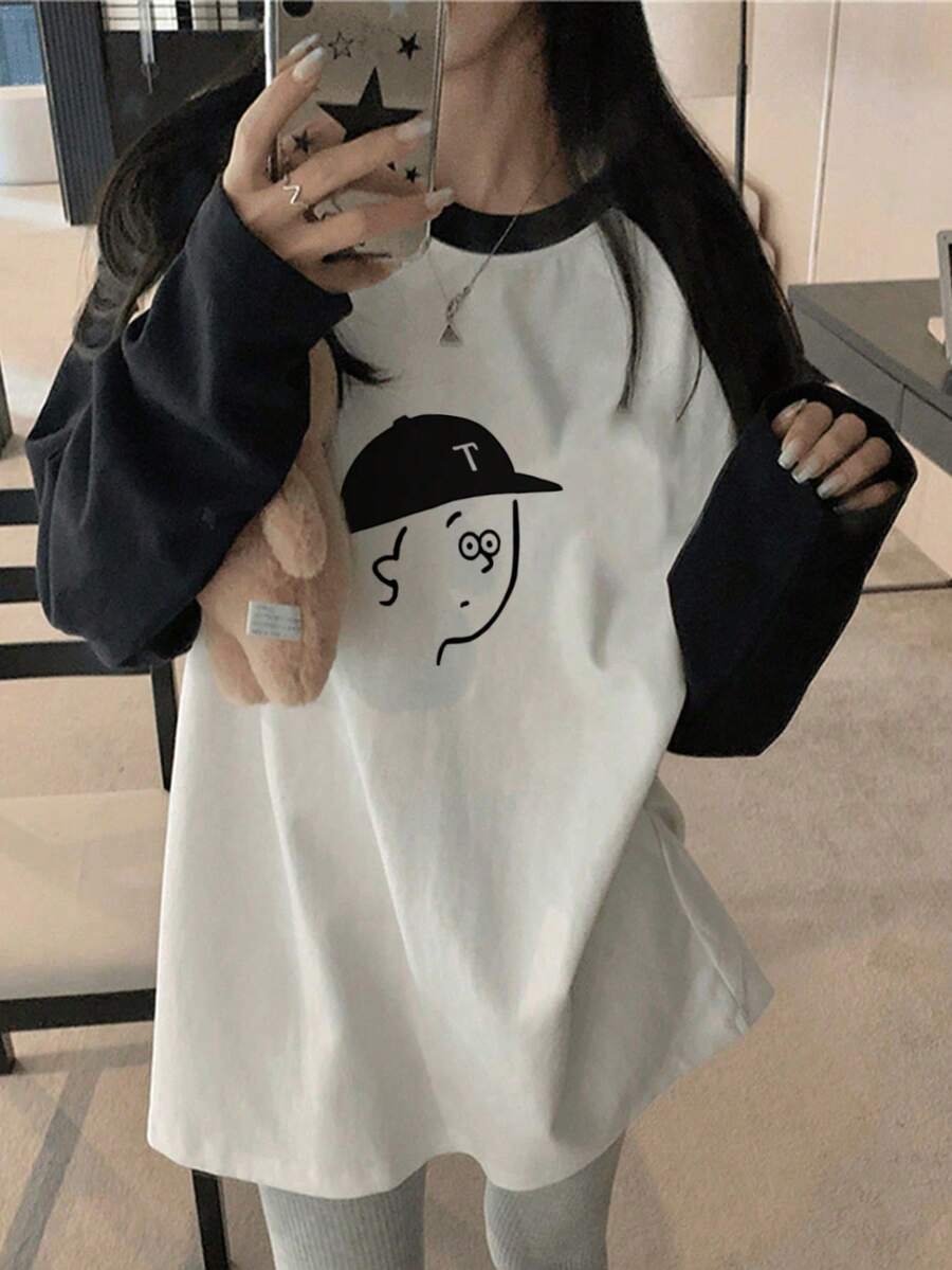 女式宽松休闲百搭英式插肩袖卡通人物印花长袖T恤 - 黑與白 - 查看 1